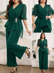 Reflora Conjunto de dos piezas de camisa y pantalones con decoración de diamantes de imitación elegante para fiesta de talla grande - Verde - Ver 1