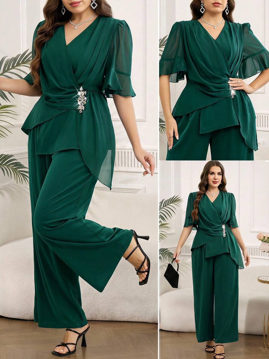 Reflora Conjunto de dos piezas de camisa y pantalones con decoración de diamantes de imitación elegante para fiesta de talla grande - Verde - Ver 1