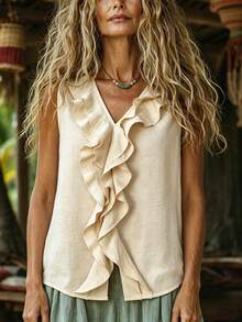 Balvessa Blusa casual de verano para uso diario cómoda con cuello en V, volantes fruncidos y sin mangas - Albaricoque - Ver 3