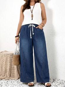 EMERY ROSE EMERY ROSE Plus Size Women's Drawstring Waist Pocket Casual Traditional Loose Fit Versatile Daily Travel Denim Jeans Boho Wide Leg Summer Vacation Beach - Blue - View 8