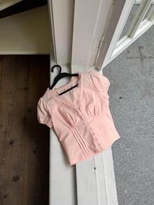DAZY Women's Solid Color Pleated Lace Trim V-Neck Short Sleeve Elegant Summer Blouse School Vacation - Pink - View 3