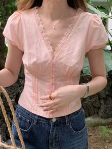 DAZY Women's Solid Color Pleated Lace Trim V-Neck Short Sleeve Elegant Summer Blouse School Vacation - Pink - View 10