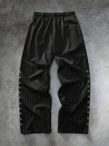 GETOML Men's Corn Callus Design Striped Wide Leg Loose Pants - Black - View 3
