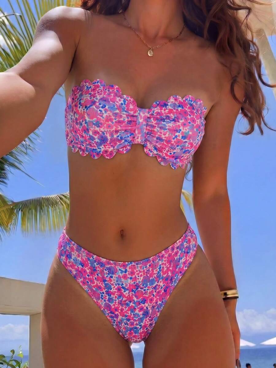Swim Mod 女款泳衣,女孩甜美可愛碎花平口上衣,波浪花瓣飾邊,紋理羅紋布料 - 彩色 - 查看 1