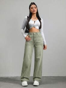 SHEIN ICON 休閒水洗直筒牛仔褲 - 0.霧綠 - 查看 3