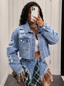Slaydiva Jaket Denim Pendek Kasual Bermotif untuk Wanita Ukuran Plus, Serbaguna dan Modis - Medium Wash - View 6