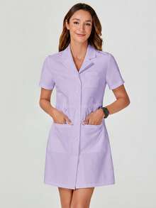 TaskEZ Solid Color Short Sleeve Single-Breasted Pocket Lab Coat - Purple - View 5