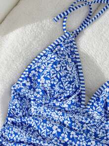 Swim Vcay Swim Lushoire 女款兩件式隨機花卉與條紋衝浪背心比基尼泳衣，附飾邊細節，花卉與條紋拼接高腰三角泳褲，春季度假泳裝套裝 - 彩色 - 查看 3