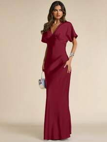 SHEIN BAE Robe élégante pour femme en satin bleu, col V profond, manches courtes, coupe sirène, printemps/été, robe de soirée, robe de cocktail, robe pour occasion formelle, robe de demoiselle d'honneur, robe pour fête d'anniversaire, robe de cocktail, robe bleue - Rouge foncé - Voir 3