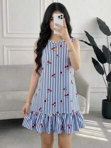 SHEIN Vestidos para niñas y adolescentes con cuello redondo, rayas azules & blancas y estampado dulce de cerezas, moda casual de verano y primavera para vacaciones, falda línea A con volantes, vestido casual para vacaciones y hogar - Azul - Ver 3