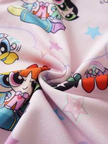 THE POWERPUFF GIRLS X SHEIN 女嬰卡通印花休閒日常居家細肩帶連身褲 - 粉色 - 查看 6