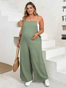 Plussiva Plus Size Maternity Square Neck Tie Strap Solid Color Jumpsuit - Green - View 3