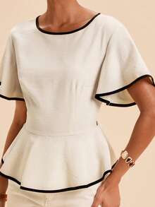 Travachic Summer Women's Round Neck Patchwork Contrast Color Waist-Cinched Tie-Up Woven Top Teachers' Day Brunch Black And White Elegant French - Apricot - View 5