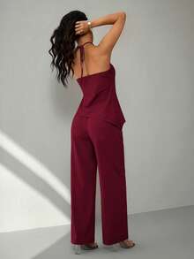 SHEIN PETITE 女款掛脖無袖酒紅色上衣與長褲兩件套 - 酒紅色 - 查看 2