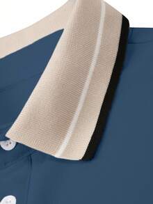 Calvornis Kemeja Polo Kasual Lengan Pendek Pria dengan Kerah Bergaris dan Bordir - Dusty Blue - View 4