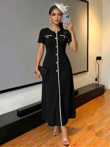 SHEIN Lady Black And White Contrast Trim Knit Jacquard Midi Dress Button Front Round Neck Short Sleeve Bodycon Office Work Dress Elegant Classy Summer - Black - View 6