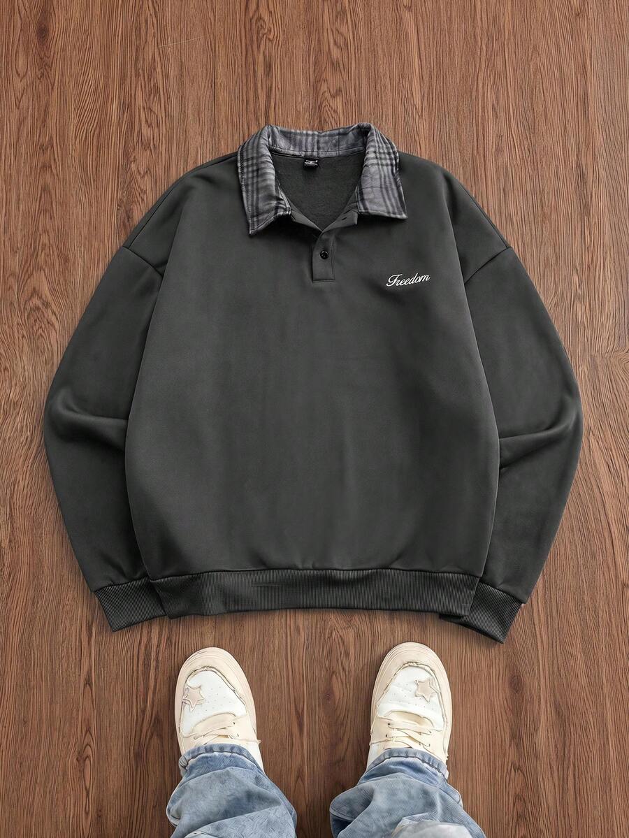 SWAVVY Men's Spring/Autumn Casual Standard Size Black Pullover Sweatshirt With Turn-Down Collar And Embroidery - Dark Grey - View 1