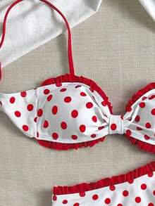 Swim Mod Setelan Baju Renang Wanita: Atasan Model Bandeau Berkerut Motif Polkadot dan Bawahan Bikini Segitiga Berkerut Pinggang Tinggi - MultiWarna - View 4