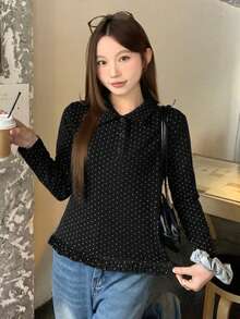 DAZY 女款波點休閒百搭日常穿著襯衫 - 黑色 - 查看 3