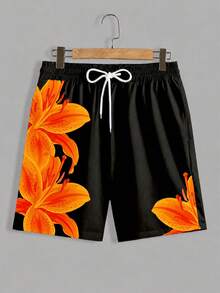 VIVINTIMO Pantalones cortos de playa con cordón y estampado floral para hombre, vacaciones - Naranja - Ver 4