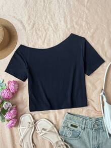 SHEIN Camiseta de punto negro con hombro asimétrico para adolescentes, estilo casual diario, moda versátil de calle - Negro - Ver 2