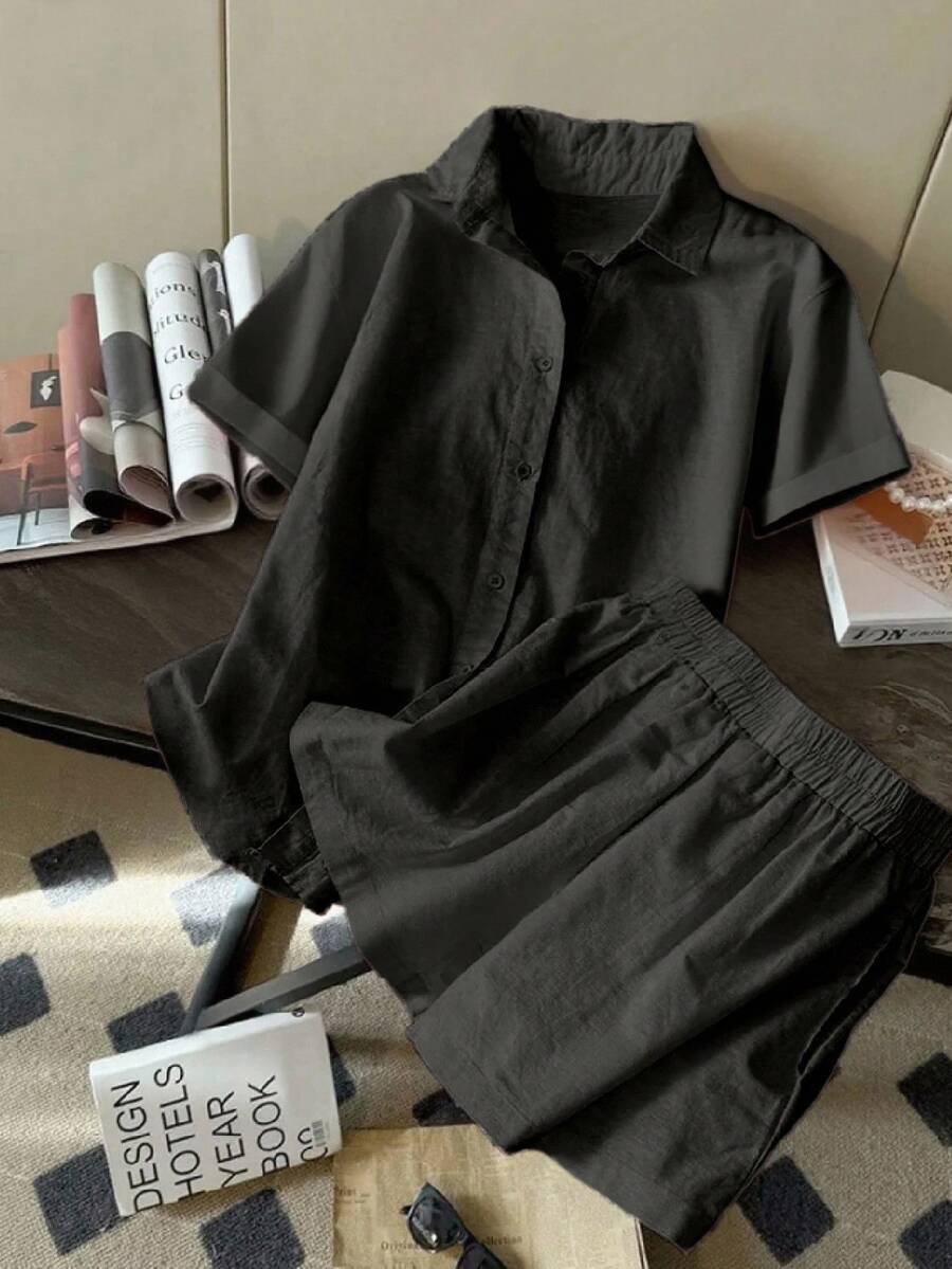 Resyla New Arrival Short Sleeve & Shorts 2pcs Set, Casual Fashionable Versatile For Women - Black - View 1