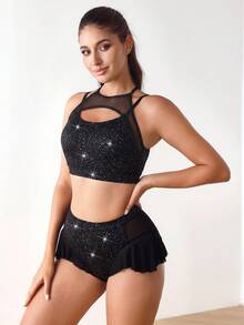 SHEIN Cheerettes 女士金属镂空时尚运动文胸 - 黑色 - 查看 5