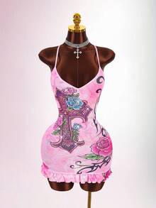 Bumpella Women's Floral Cross Pattern Sexy Date Party Mini Cami Dress - Pink - View 3