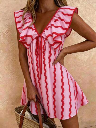 Flora Isola Flora Isola Vacation Bohemian Wavy Striped Pink Women's Short Dress