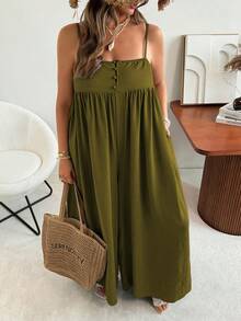 Ceyna Plus Size Women's Solid Color Ruched Casual Daily Wear Spaghetti Strap Jumpsuit Wide Leg Pants - Green - View 6