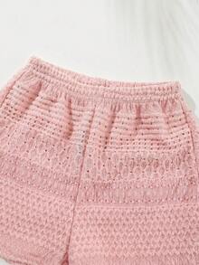 Cozy Pixies 女婴纯色针织柔软圆领无袖开衫上衣和松紧腰短裤两件套 - 淺粉色 - 查看 5