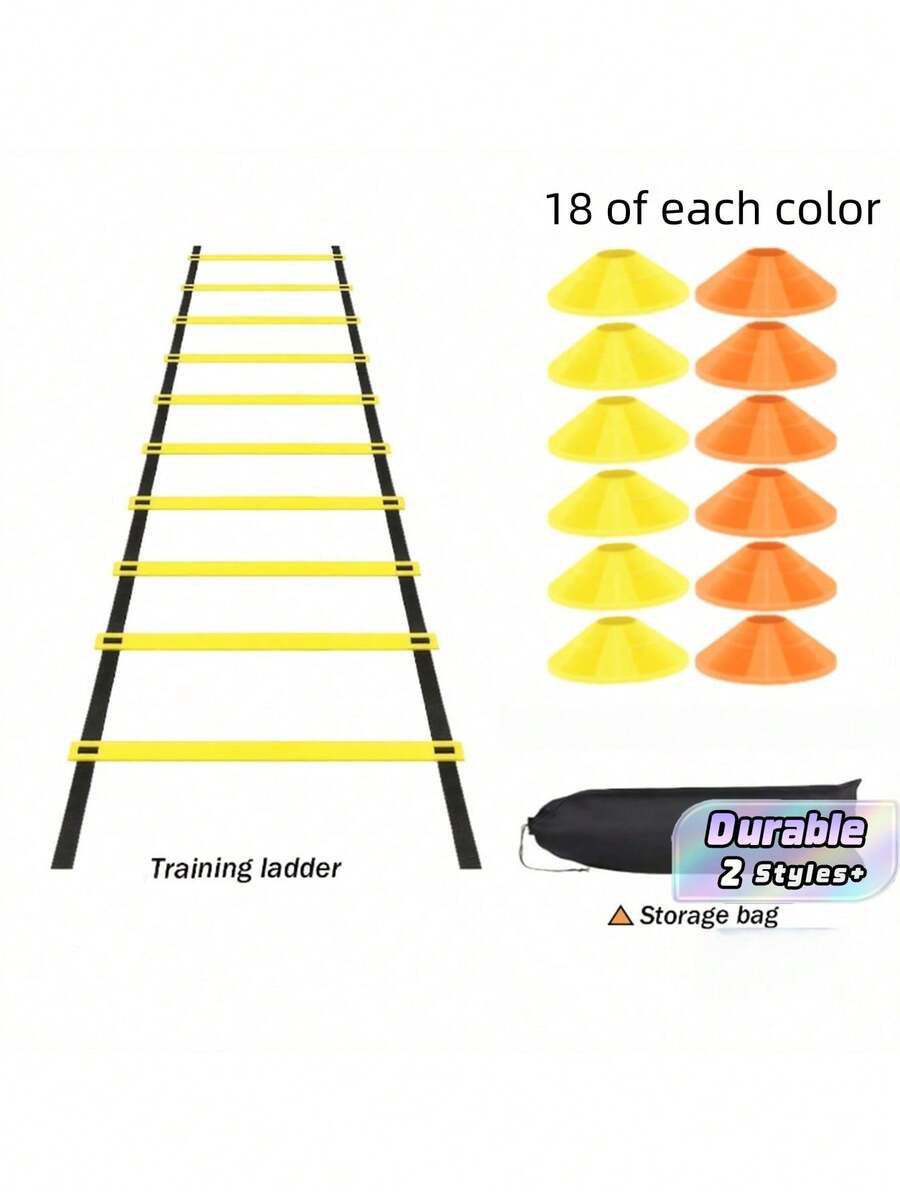 Football Training Equipment Set: Includes Agility Ladder And Marker Discs. Soft Ladder For Footwork, Speed And Agility Training. Ideal For Football, Basketball And Physical Workouts, Practical Sports Auxiliary Gear. - Multicolor - View 1