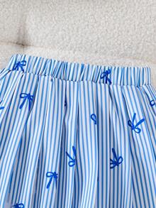SHEIN Playful Pals 3件組女嬰可愛粉白刺繡小馬條紋上衣披肩與百褶裙 - 藍色 - 查看 4
