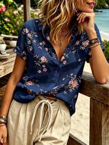 Breezaya Women's New Summer Floral Print Collared Short Sleeve Shirt, Retro Chic, French Elegant Versatile - Multicolor - View 5