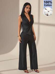 SHEIN PETITE 兩件式夏季套裝 2件/組 女款純色無袖上衣與長褲 辦公穿著 黑色優雅 小碼女款 - 黑色 - 查看 6