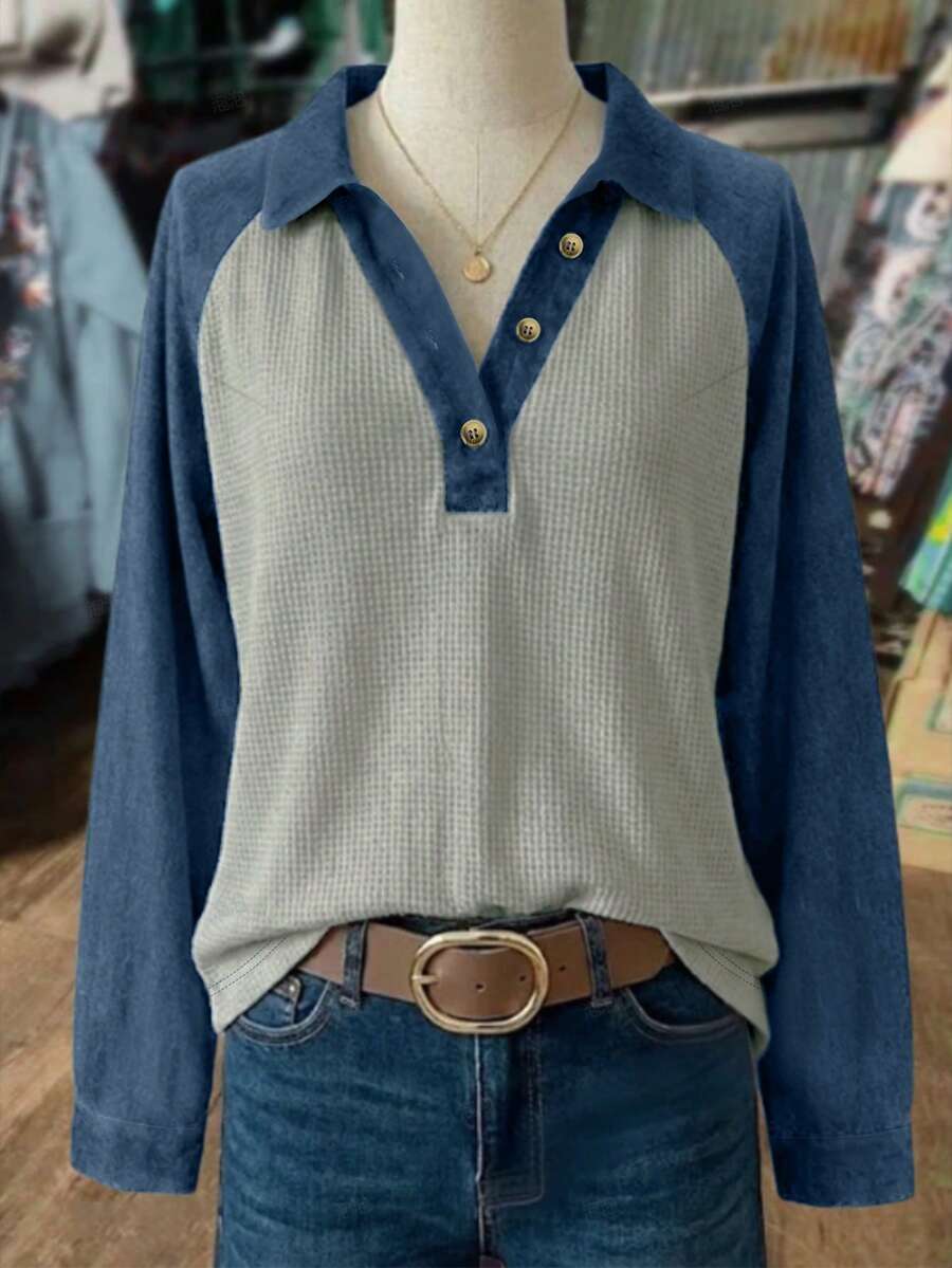 Linhara Plus-Size Women's Spring/Summer Fashion: Casual, Simple, And Versatile Retro Blue Denim-Look Patchwork Waffle Weave Top With Lapel, Long Sleeves, And Button-Down Design-Perfect For Spring And Summer O - Blue - View 1
