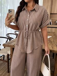 Weeklong Plus Size Women Spring Summer Shirt Collar Open Front Ruched Drawstring Striped Casual Commute Set - Multicolor - View 3