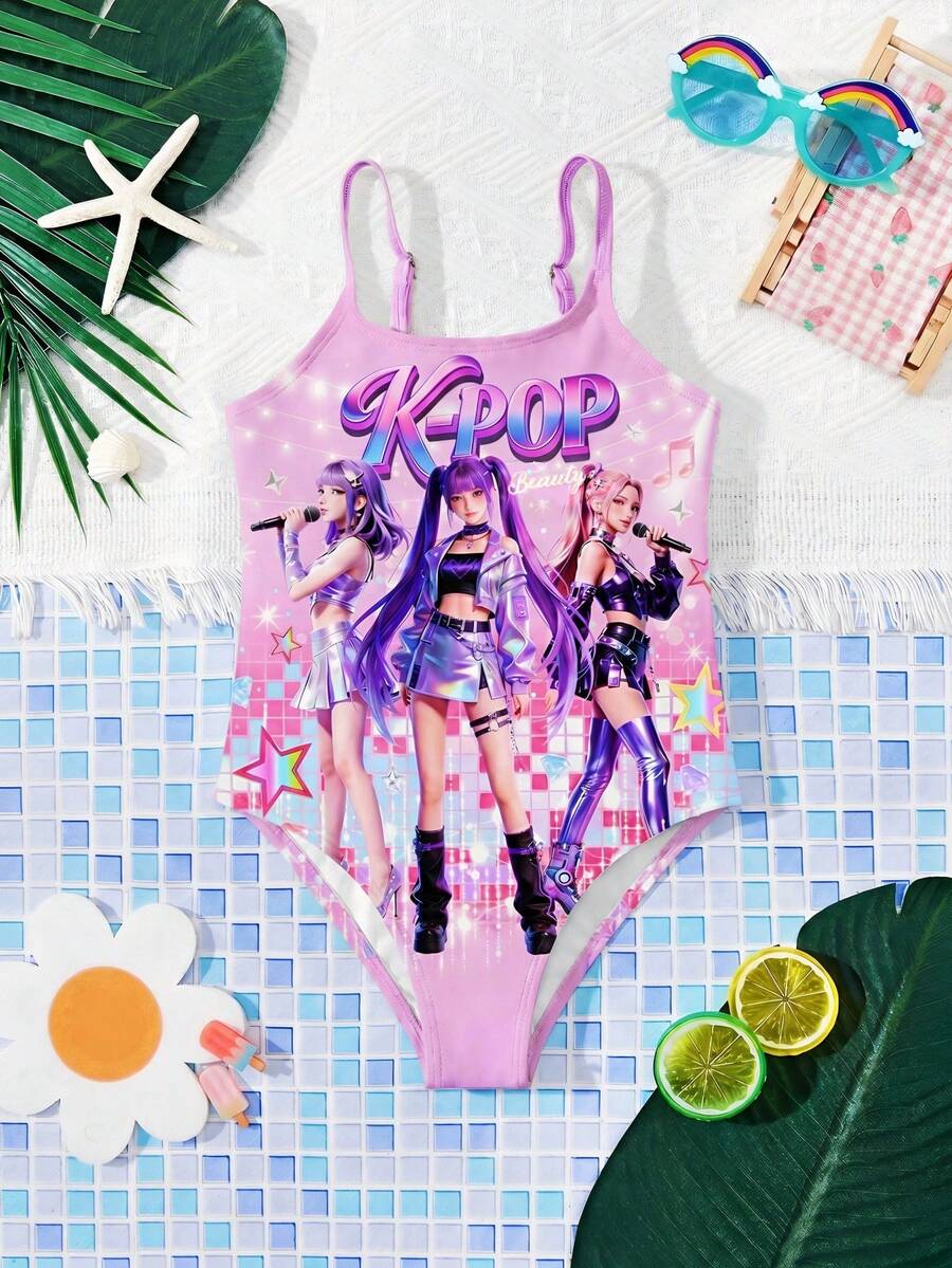 Young Girl Casual Minimalist Cartoon Girl Ombre Print One-Piece Swimsuit, Suitable For Summer - Multicolor - View 1