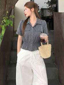DAZY Atasan Denim Wanita Gaya Korea yang Pas dan Elegan untuk Musim Panas - Dark Grey - View 6
