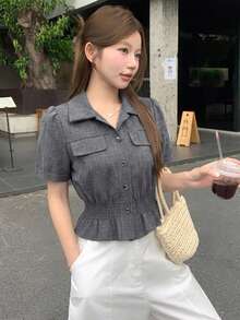 DAZY Atasan Denim Wanita Gaya Korea yang Pas dan Elegan untuk Musim Panas - Dark Grey - View 7