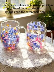 2 Double-Layer Glass Mugs With Handles, Transparent Floral Pattern Reusable Coffee Glasses. Ideal For Milk, Espresso, Cappuccino, Hot & Cold Drinks. Great Birthday & Holiday Presents, Also Practical Coffee Machine Accessories. - Multicolor - View 2