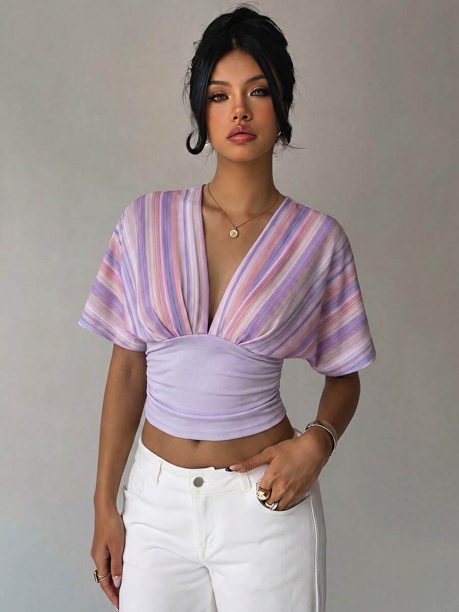 Aloruh Women's Contrast Color Striped Pattern Fashion Elegant Slim Fit T-Shirt Night Out Lavender Summer - Purple - View 1