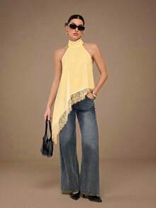 SHEIN Tall 優雅蕾絲飾邊露背細肩帶上衣，性感緞面拼接無袖襯衫，適合派對、雞尾酒會、正式場合、聖誕節、商務休閒，適合高個女性 - 淡黃色 - 查看 4