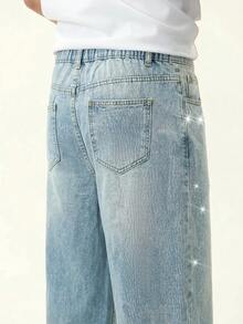 Teen Boy Fashion Shining Sequined Vintage Blue Loose-Fitting Jeans For Rave Outfits Festival - Blue - View 5