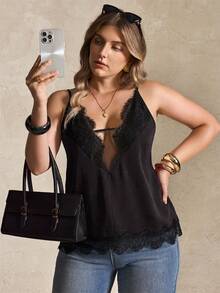 Elegantrix Apricot Lace Camisole, Fashionable Plus Size Women Top - Black - View 3