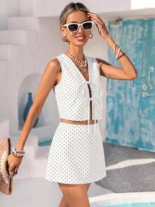Vivid Eden Women's Polka Dot Print Tie Waist Vest & Denim Skirt Set Beach Set Vacation Outfits Women Casual Set Country Concert Outfit Polka Dot Set White Set - Medium Wash - View 5