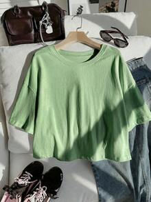 Comfortcana Solid Color Dropped Shoulder Short Sleeve Crew Neck Plus Size T-Shirt Formal Holiday Light Green Summer Casual Office Club - Green - View 6