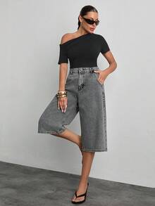 Women Casual Denım Short Long Comfortable And Straigh Fit For Summer High Quality - Grey - View 3