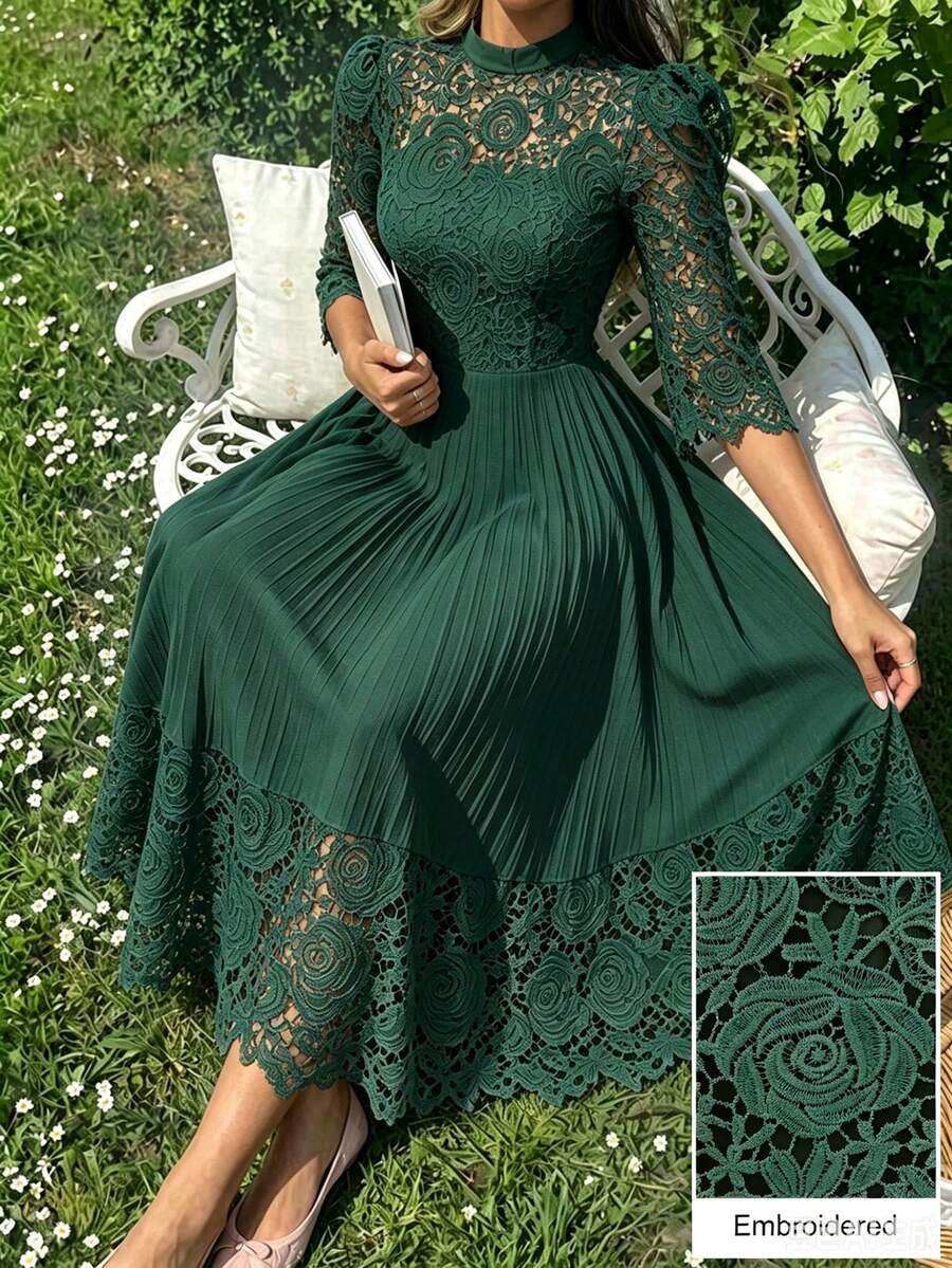 Modelyn Yellow Eyelet Embroidery Patchwork Maxi Long Sleeve Dress For Women - Dark Green - View 1