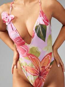 MISSGUIDED 熱帶花卉印花深V領連身泳衣，飾有3D蘭花花飾與露背設計 - 紫丁香色 - 查看 4